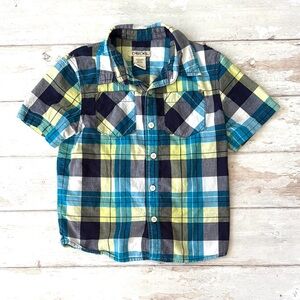 Cherokee 5T Boys Blue Yellow Plaid Button Up Shirt Kids Short Sleeves Size 5